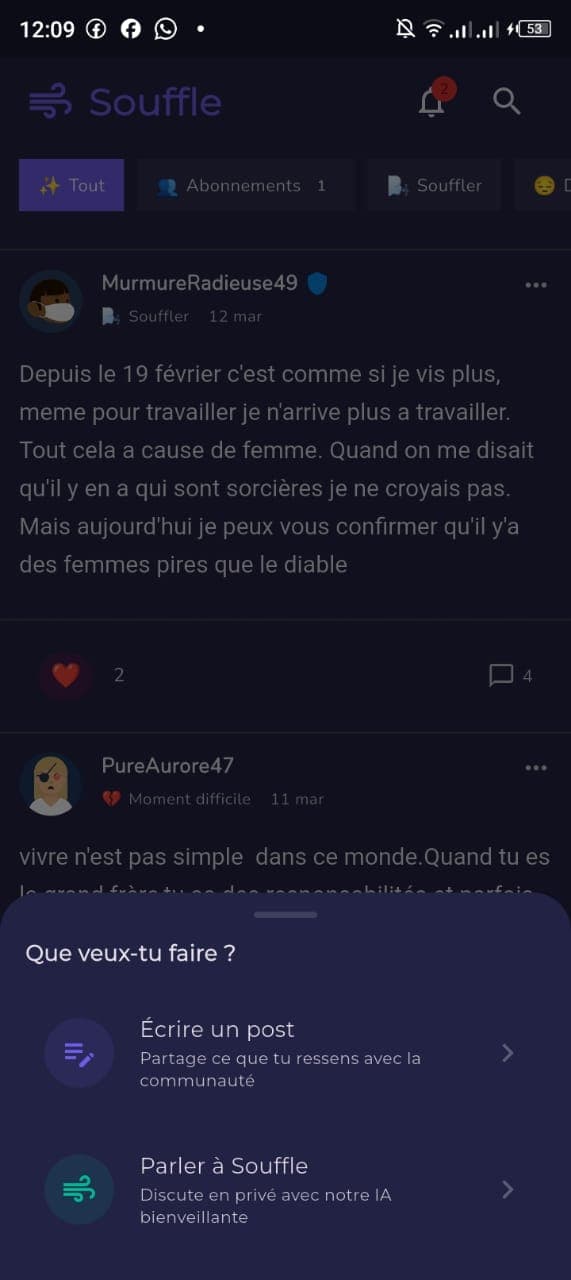 créer un post, ou discutez avec l'IA de souffle